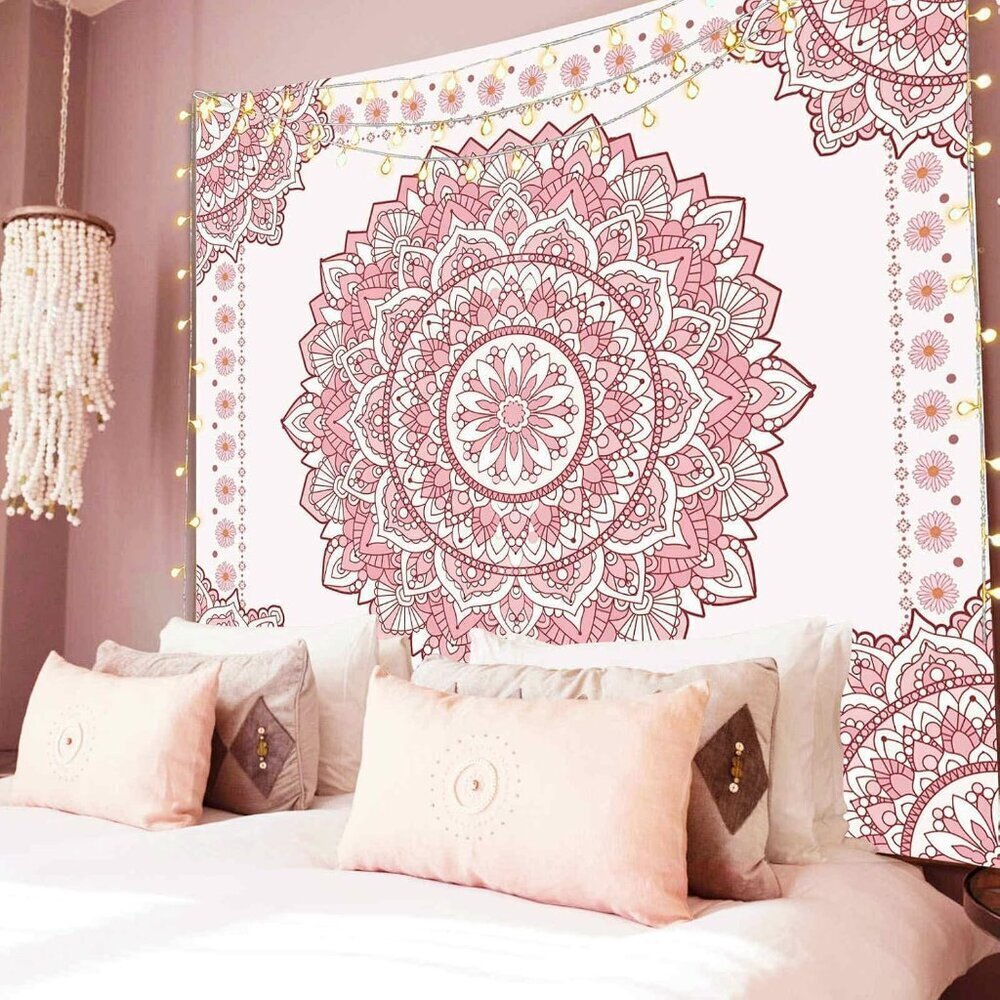 Boho Pink Mandala Wall Tapestry for Bedroom, White and Pink Aesthetic Tapestry R